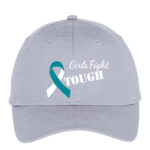 Girls Fight Tough® Ribbon Cap in Silver cap color with a Teal and White cancer awareness ribbon color embroidered with the words "Girls Fight TOUGH" on the front of the cap.