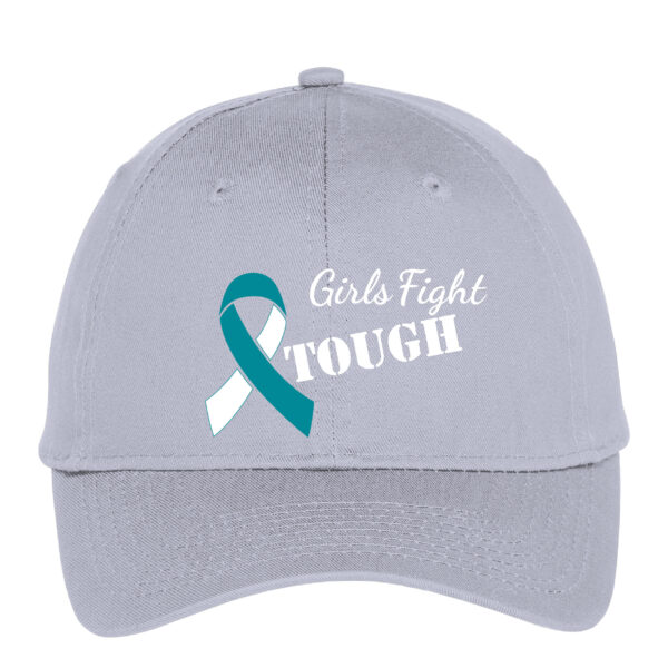 Girls Fight Tough® Ribbon Cap in Silver cap color with a Teal and White cancer awareness ribbon color embroidered with the words "Girls Fight TOUGH" on the front of the cap.
