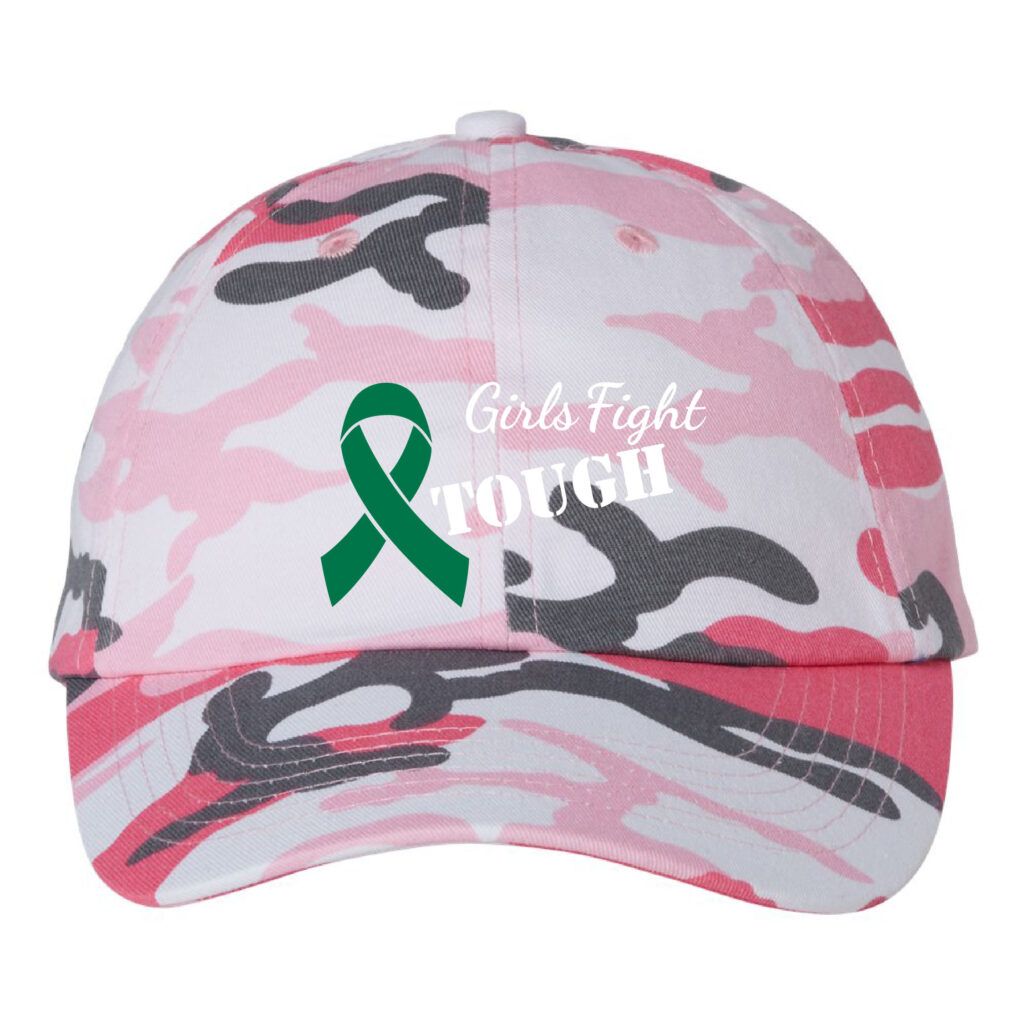 Girls Fight Tough® Camo Ribbon Cap which is a pink, white, and gray colored camouflage hat with the wording, 'Girls Fight Tough!' and an emerald green cancer awareness ribbon embroidered on the front of the hat.