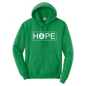 Hope Cancer Awareness Hooded Sweatshirt in Kelly with All White Hope Ribbon Design Printed on the front of the sweatshirt