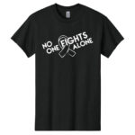 No One Fights Alone® Cancer Research T-Shirt shirt color black with white No One Fights Alone Cancer Awareness ribbon design printed on the t-shirt in white.