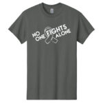 No One Fights Alone® Cancer Research T-Shirt shirt color Charcoal with white No One Fights Alone Cancer Awareness ribbon design printed on the t-shirt in white.