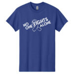 No One Fights Alone® Cancer Research T-Shirt shirt color Cobalt with white No One Fights Alone Cancer Awareness ribbon design printed on the t-shirt in white.