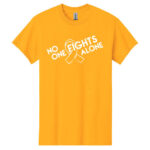 No One Fights Alone® Cancer Research T-Shirt shirt color Gold with white No One Fights Alone Cancer Awareness ribbon design printed on the t-shirt in white.