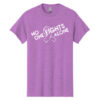 No One Fights Alone® Cancer Research T-Shirt shirt color Heather Orchid with white No One Fights Alone Cancer Awareness ribbon design printed on the t-shirt in white.