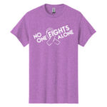 No One Fights Alone® Cancer Research T-Shirt shirt color Heather Orchid with white No One Fights Alone Cancer Awareness ribbon design printed on the t-shirt in white.