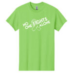 No One Fights Alone® Cancer Research T-Shirt shirt color Lime with white No One Fights Alone Cancer Awareness ribbon design printed on the t-shirt in white.