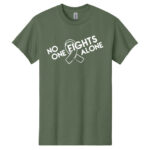 No One Fights Alone® Cancer Research T-Shirt shirt color Military green with white No One Fights Alone Cancer Awareness ribbon design printed on the t-shirt in white.