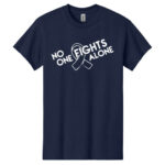 No One Fights Alone® Cancer Research T-Shirt shirt color Navy with white No One Fights Alone Cancer Awareness ribbon design printed on the t-shirt in white.