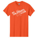 No One Fights Alone® Cancer Research T-Shirt shirt color Orange with white No One Fights Alone Cancer Awareness ribbon design printed on the t-shirt in white.
