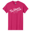 No One Fights Alone® Cancer Research T-Shirt shirt color Pink with white No One Fights Alone Cancer Awareness ribbon design printed on the t-shirt in white.