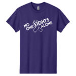 No One Fights Alone® Cancer Research T-Shirt shirt color Purple with white No One Fights Alone Cancer Awareness ribbon design printed on the t-shirt in white.