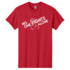 No One Fights Alone® Cancer Research T-Shirt shirt color Red with white No One Fights Alone Cancer Awareness ribbon design printed on the t-shirt in white.