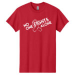 No One Fights Alone® Cancer Research T-Shirt shirt color Red with white No One Fights Alone Cancer Awareness ribbon design printed on the t-shirt in white.