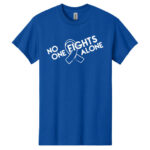 No One Fights Alone® Cancer Research T-Shirt shirt color Royal with white No One Fights Alone Cancer Awareness ribbon design printed on the t-shirt in white.