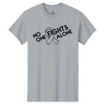 No One Fights Alone® Cancer Research T-Shirt shirt color Sport Grey with white No One Fights Alone Cancer Awareness ribbon design printed on the t-shirt in black.