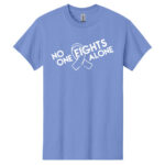 No One Fights Alone® Cancer Research T-Shirt shirt color Violet with white No One Fights Alone Cancer Awareness ribbon design printed on the t-shirt in white.