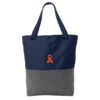 Cancer awareness Convertible Tote Bag in the Heather Navy color, with an Orange awareness ribbon embroidered patch on the front of the bag.