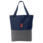 Cancer awareness Convertible Tote Bag in the Heather Navy color, with an Orange awareness ribbon embroidered patch on the front of the bag.