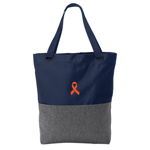 Cancer awareness Convertible Tote Bag in the Heather Navy color, with an Orange awareness ribbon embroidered patch on the front of the bag.