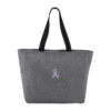 Cancer Awareness Ribbon Zippered Tote Bag in heather grey color with a lavender embroidered ribbon patch on the front of the bag.