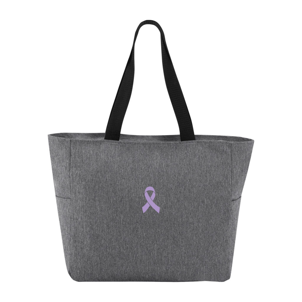 Cancer Awareness Ribbon Zippered Tote Bag in heather grey color with a lavender embroidered ribbon patch on the front of the bag.