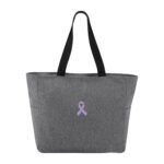Cancer Awareness Ribbon Zippered Tote Bag in heather grey color with a lavender embroidered ribbon patch on the front of the bag.
