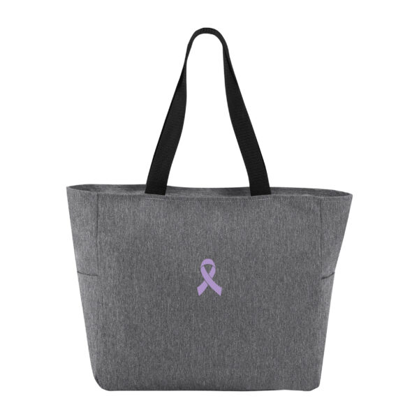 Cancer Awareness Ribbon Zippered Tote Bag in heather grey color with a lavender embroidered ribbon patch on the front of the bag.