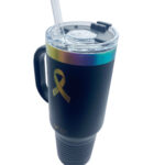 40oz. Black Stainless Steel Travel Mug with Handle and Straw. Mug has multicolored cancer awareness ribbon and "Choose Hope" laser engraved on the travel mug.
