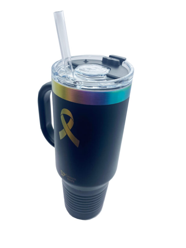 40oz. Black Stainless Steel Travel Mug with Handle and Straw. Mug has multicolored cancer awareness ribbon and "Choose Hope" laser engraved on the travel mug.