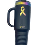 Image showing our 40oz Prism Choose Hope Ribbon Tumbler in black, with a laser engraved Cancer Awareness Ribbon that reveals a multicolored pattern when engraved onto the stainless steel tumbler.