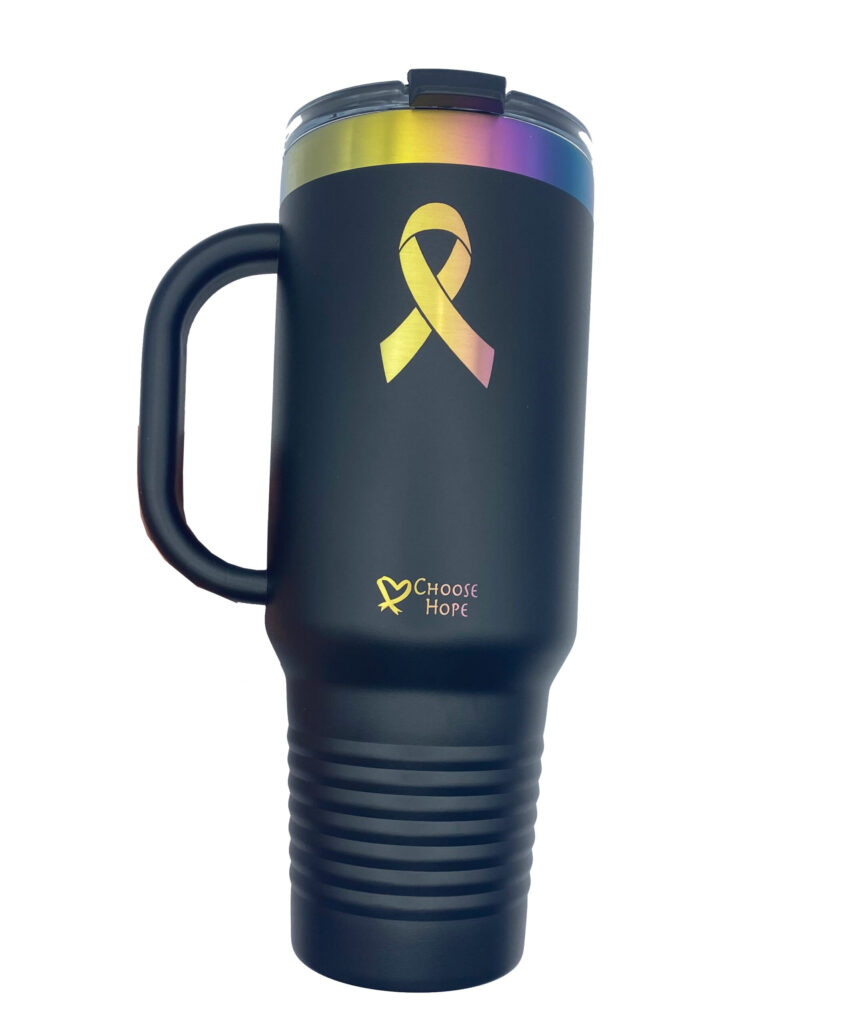 Image showing our 40oz Prism Choose Hope Ribbon Tumbler in black, with a laser engraved Cancer Awareness Ribbon that reveals a multicolored pattern when engraved onto the stainless steel tumbler.