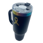 40oz. Black Stainless Steel Travel Mug with Handle and Straw. Mug has multicolored cancer awareness ribbon and "Choose Hope" laser engraved on the travel mug.