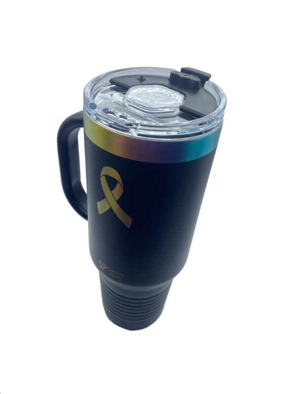 40oz. Black Stainless Steel Travel Mug with Handle and Straw. Mug has multicolored cancer awareness ribbon and "Choose Hope" laser engraved on the travel mug.