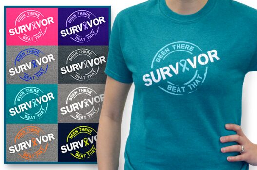 Group image featuring a variety of colors of our cancer survivor t-shirt that has the words 'Been There, Beat That' printed on the t-shirt, along with the word 'SURVIVOR' and the cancer awareness ribbon color of your choice.