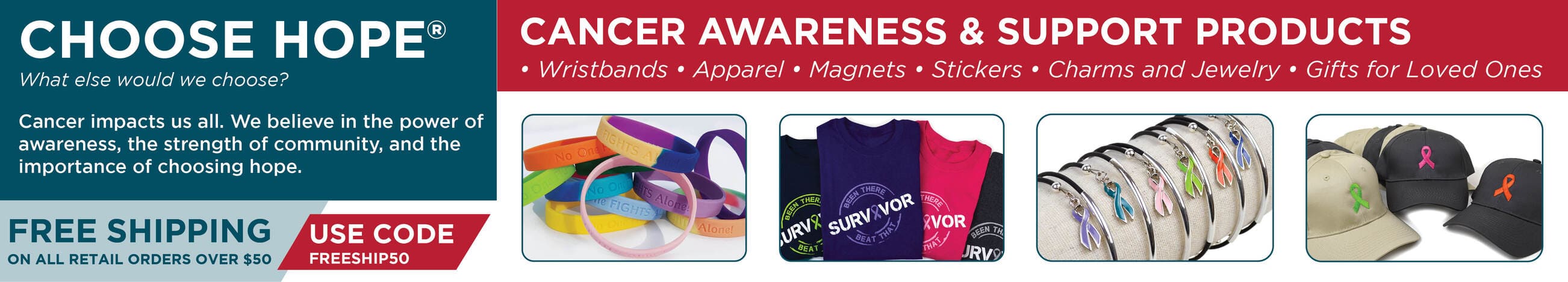 hero image for choose hope, cancer awareness and support, featuring various products including bracelets and tshirts