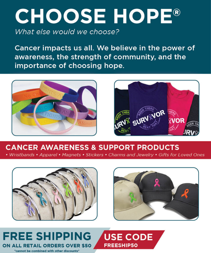 hero image for choose hope, cancer awareness and support, featuring various products including bracelets and tshirts