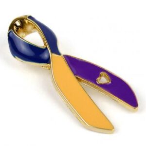 Cancer Awareness Ribbon Enamel Pin Box of 50 packaged in a box with full color label listing the cancer awareness ribbon colors and cancer types that they represent.