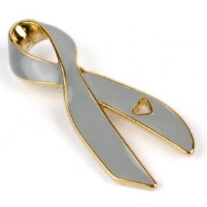 Cancer Awareness Ribbon Enamel Pin Box of 50 packaged in a box with full color label listing the cancer awareness ribbon colors and cancer types that they represent.