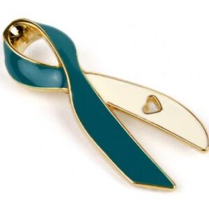 Cancer Awareness Ribbon Enamel Pin Box of 50 packaged in a box with full color label listing the cancer awareness ribbon colors and cancer types that they represent.