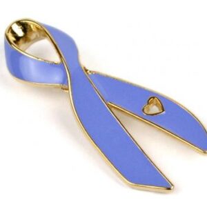 Cancer Awareness Ribbon Enamel Pin Box of 50 packaged in a box with full color label listing the cancer awareness ribbon colors and cancer types that they represent.