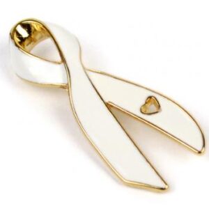 Cancer Awareness Ribbon Enamel Pin Box of 50 packaged in a box with full color label listing the cancer awareness ribbon colors and cancer types that they represent.