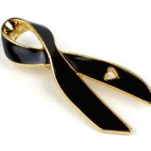 Cancer Awareness Ribbon Enamel Pin Box of 50 packaged in a box with full color label listing the cancer awareness ribbon colors and cancer types that they represent.