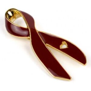 Cancer Awareness Ribbon Enamel Pin Box of 50 packaged in a box with full color label listing the cancer awareness ribbon colors and cancer types that they represent.