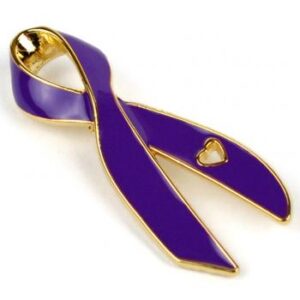 Cancer Awareness Ribbon Enamel Pin Box of 50 packaged in a box with full color label listing the cancer awareness ribbon colors and cancer types that they represent.