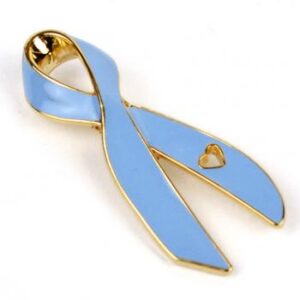 Cancer Awareness Ribbon Enamel Pin Box of 50 packaged in a box with full color label listing the cancer awareness ribbon colors and cancer types that they represent.