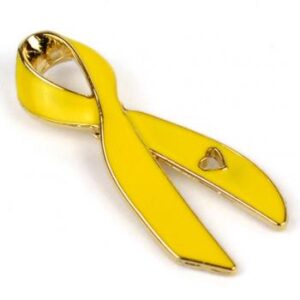 Cancer Awareness Ribbon Enamel Pin Box of 50 packaged in a box with full color label listing the cancer awareness ribbon colors and cancer types that they represent.