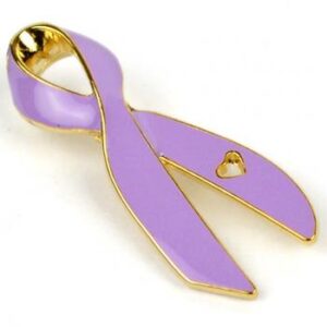 Cancer Awareness Ribbon Enamel Pin Box of 50 packaged in a box with full color label listing the cancer awareness ribbon colors and cancer types that they represent.