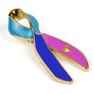 Cancer Awareness Ribbon Enamel Pin Box of 50 packaged in a box with full color label listing the cancer awareness ribbon colors and cancer types that they represent.
