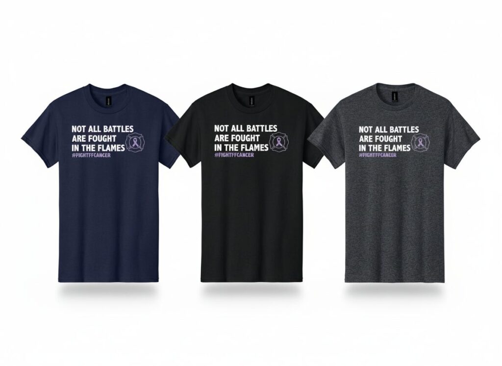 group image showing the three colors of our Firefighter Cancer Awareness t-shirt which are black, navy and dark heather grey. This shirt has the wording 'NOT ALL BATTLES ARE FOUGHT IN THE FLAMES' in white text, along with a lavender colored Maltese cross with a ribbon in the center of it, representing firefighter cancer awareness.